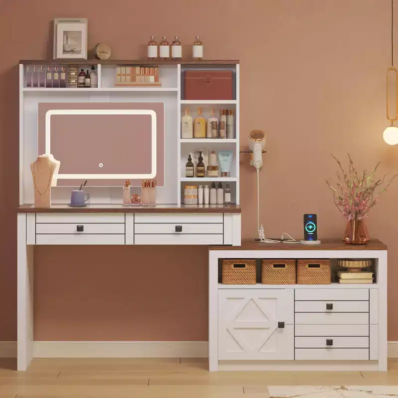 Vanity Desk with Glass Top & Charging Station, Touch Screen Mirror and Lights, Makeup Vanity with 5-Drawer, 6 Open Storage Shelves, Antique