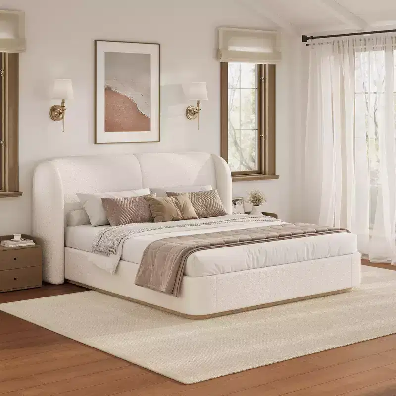 King Modern Platform Bed Frame with Double Pillow Headboard, Upholstered, Soft Boucle Fabric, Winged Side Design, Solid Wood Slats