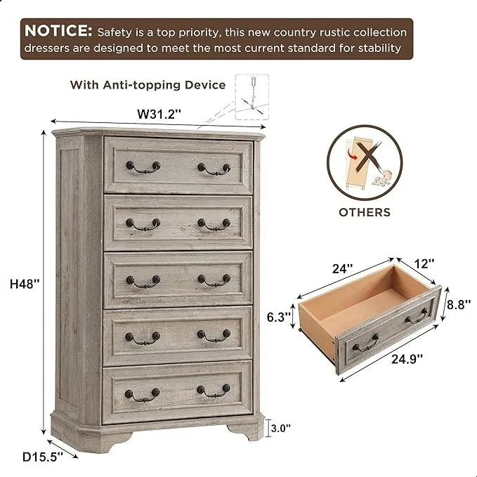 5-Drawer Dresser with Rustic Wood Finish