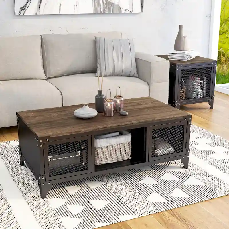 Rustic-Style Dark Walnut Steel Storage Coffee Table and Side Table