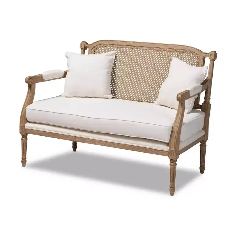 Clemence Upholstered Whitewashed Wood Sofa Loveseat Ivory/Oak - Baxton Studio: Polyester & Cotton, Spot Clean, 3-Seater
