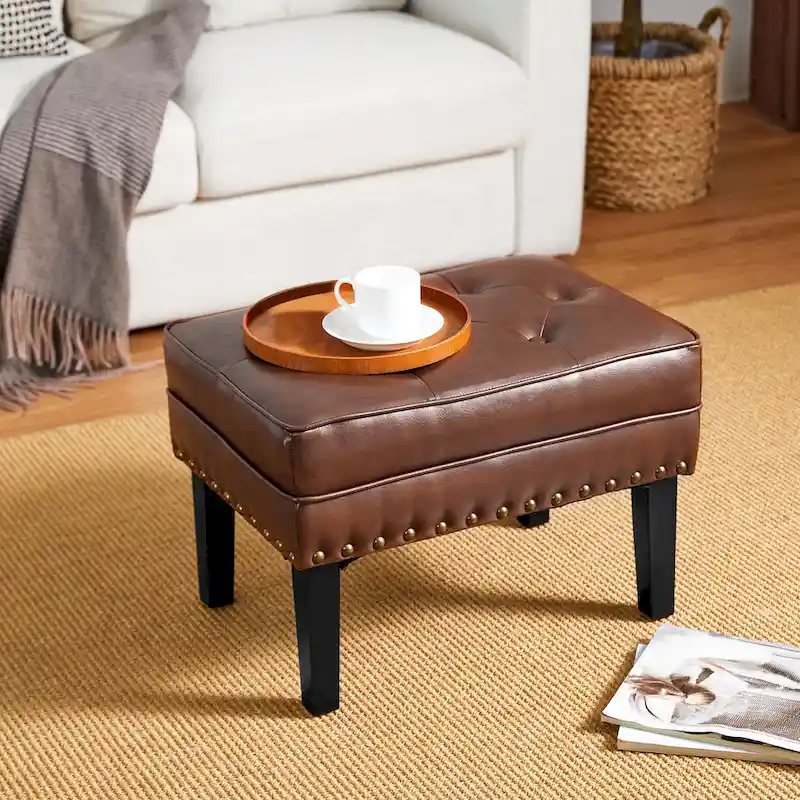 Black / Coffee Mid-Century Button-Tufted PU Leather Ottoman