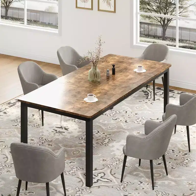 Rectangular Wood Dining Table for 6-8 People with Strong Metal Frame, Industrial Style