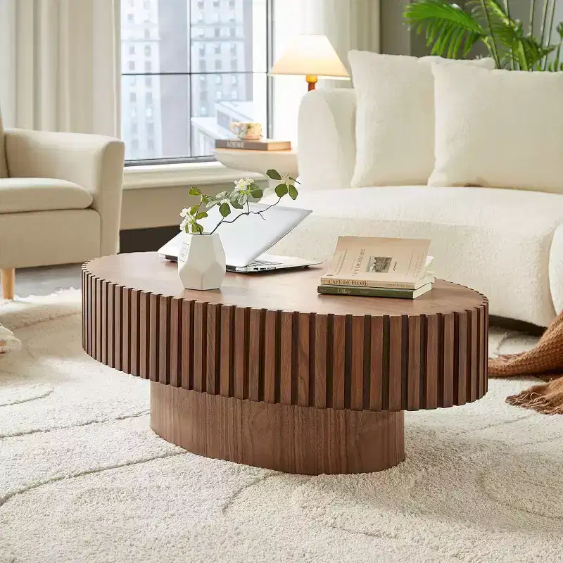 43 Inch Modern Drum Oval Coffee Table, MDF Center Table for Living Room Bedroom, Small Space Friendly