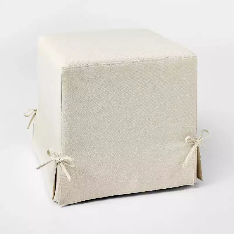 Slipcover Cube Ottoman with Tie Details Cream