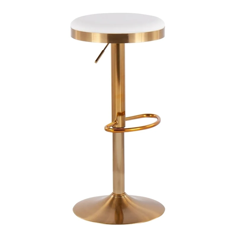 Set of 2 Counter Bar Stools | Gold Steel Frame | White Faux Leather | Adjustable Height