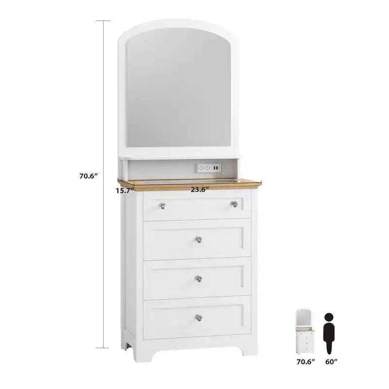 Zstar White Drawer Dresser with Mirro and LED Strip, 4 Drawer Cabinet with Cristal Knobs, Modern Makeup Vanity Table for Small Space