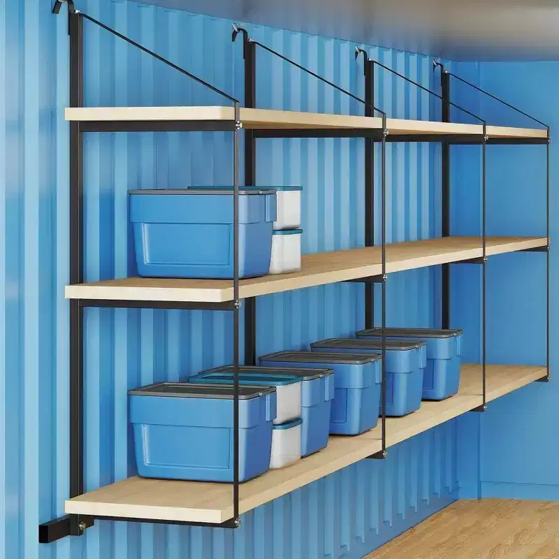 Shipping Container Shelving Bracket, 3-Tier Adjustable Black Power Coated Steel Brackets
