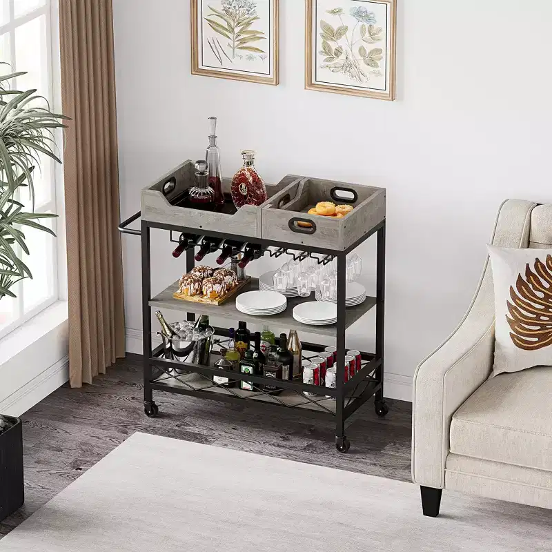 Bar Cart for Home, 3-Tier Rolling Cart with Removable Tray, Brown Gray Metal Frame, Serving Storage Shelves for Kitchen Dining
