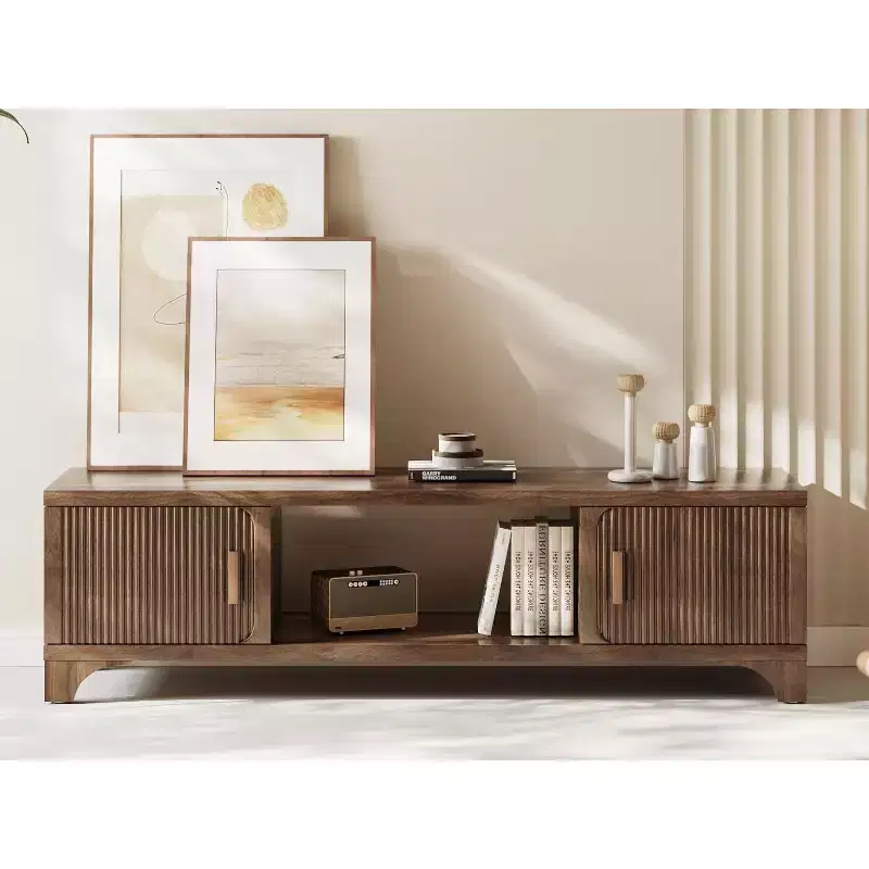 Mid Century Modern TV Stand for 5565 Inch TVs Boho Media Console with Fluted Doors, Storage Cabinets & Open Shelf