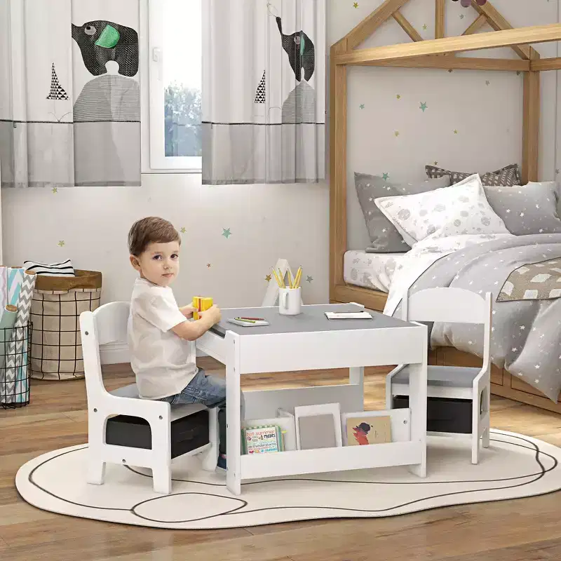Whisen 3 Piece Kids Table and Chair Set with Tabletop Blackboard, Storage & Bookshelves, Perfect Gift for Kids
