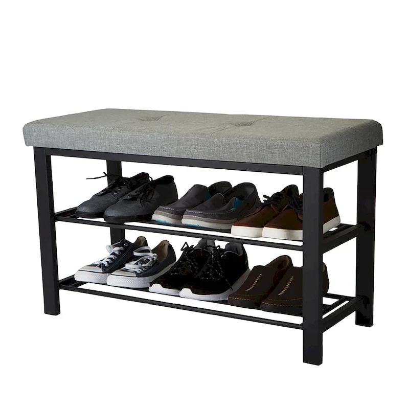 Entryway Bench with 2-Tier Shoe Rack – Grey, Upholstered Seat, Holds 6 Pairs, Single