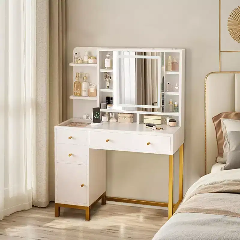 Makeup Vanity Desk with Mirror and Lights, 25.6 HD Lighted Mirror Dressing Table with 3 Drawers, 8 Shelves, for Bedroom Dressing Room- White