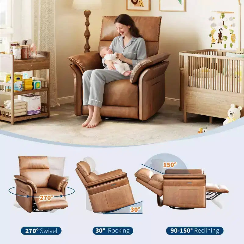 Recliner Chair, 360 Swivel Rocker Glider Nursery Chair with Padded Armrest and Deep Seat, PU Leather Upholstered Reclining Sofa Chair