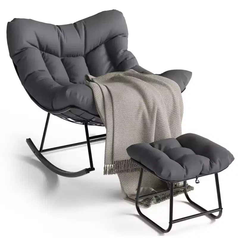 Oversized Rocking Chair Set with Ottoman, Handwoven Wicker, Soft Cushion, Ergonomic Garden Lounge Chair, for Patio, Balcony, Bedroom, Living Room