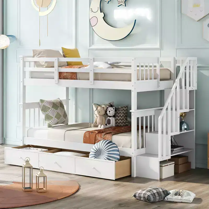Twin Over Twin Bunk Bed with 3 Drawers and Shelves for Apartment and Dorm
