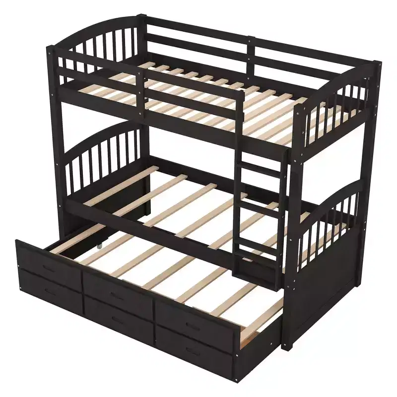 Wood Twin over Twin Bunk Bed with Ladder, Trundle & Drawers