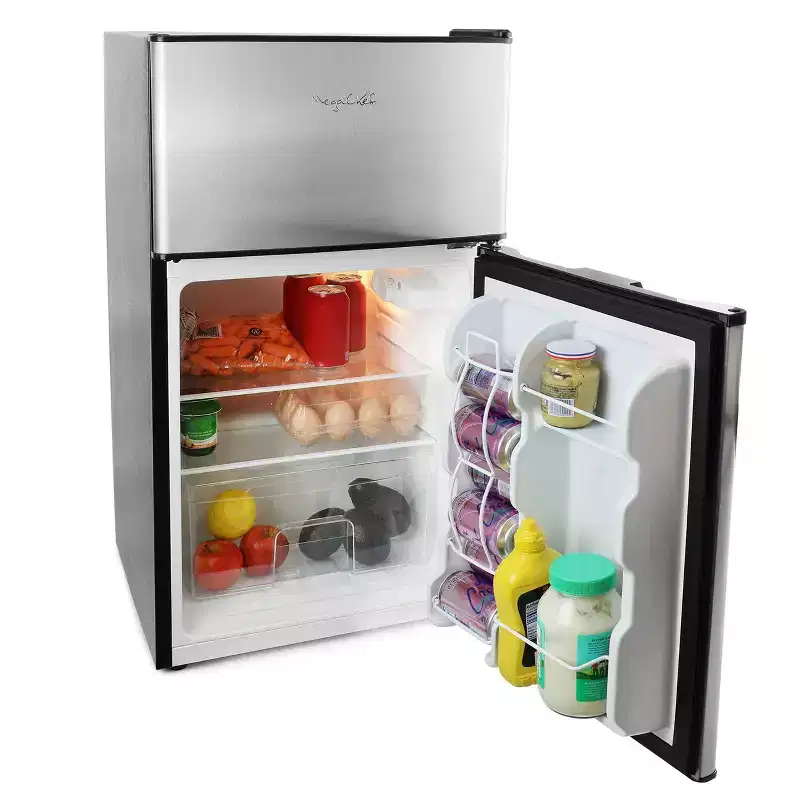 MegaChef 3.2 cu ft Portable 2 Door Refrigerator/Freezer Stainless Steel: Small Fridge, Dorm, Adjustable Shelves