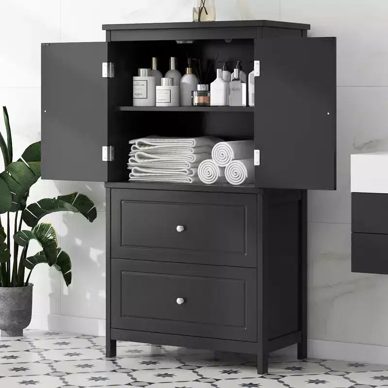 Bathroom Storage Cabinet, Cabinet with Double Doors, Drawers and Adjustable Shelf