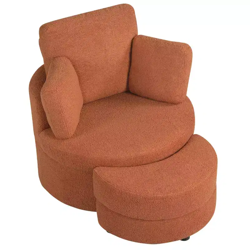 Costway 360 Swivel Accent Chair with Half Moon Storage Ottoman 3 Removable Pillows, Office White/Terracotta
