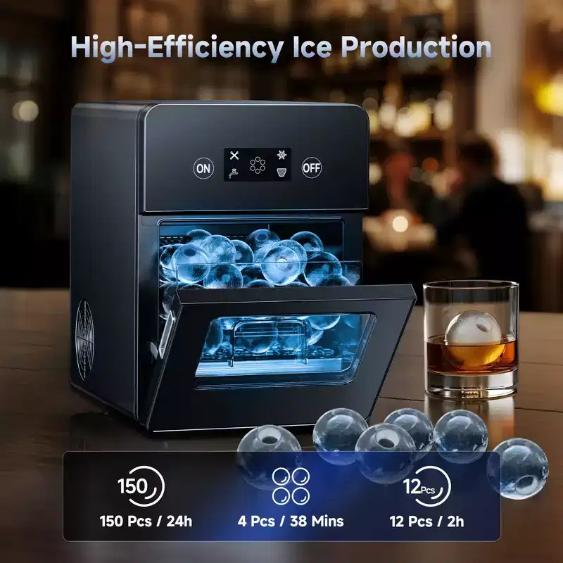 Simzlife Ice Ball Maker, 4 pcs in 38 Mins, 150 Pcs/Day, Sphere Ice Machine, Automatic Water Supply, Self-Cleaning, for Whiskey & Bourbon, Black