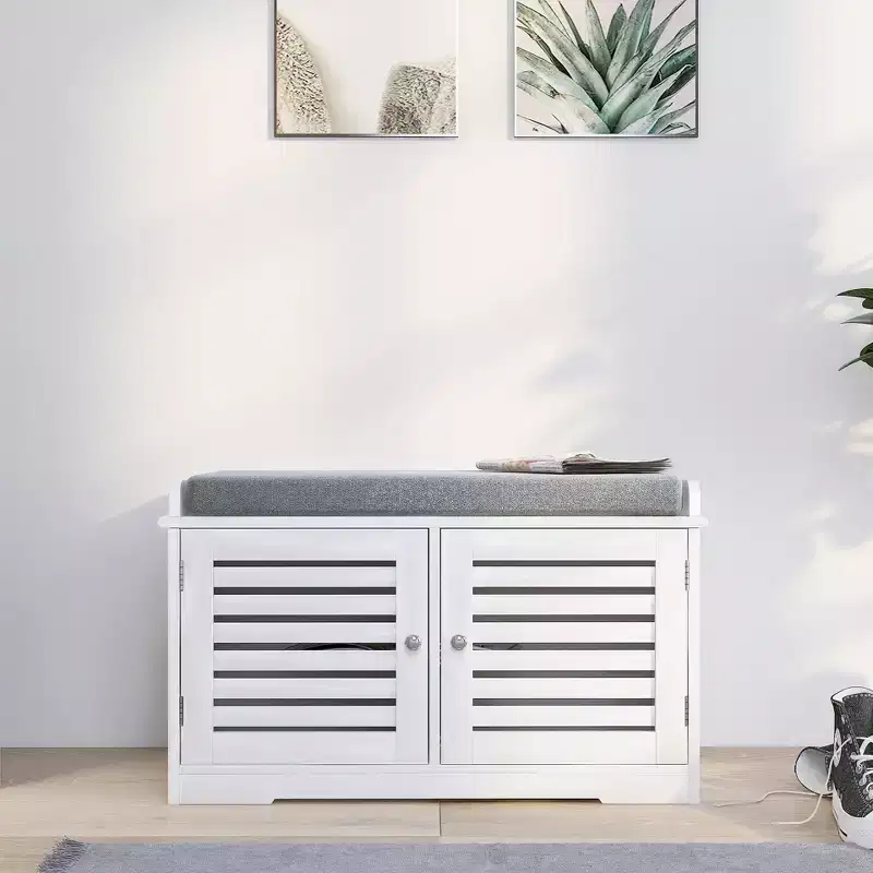 AndMakers White 28.74 in. Bedroom Bench with 2 Barn Doors