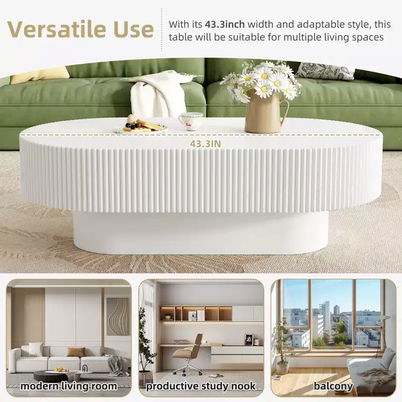 Oval Coffee Table with Fluted Base for Living Room
