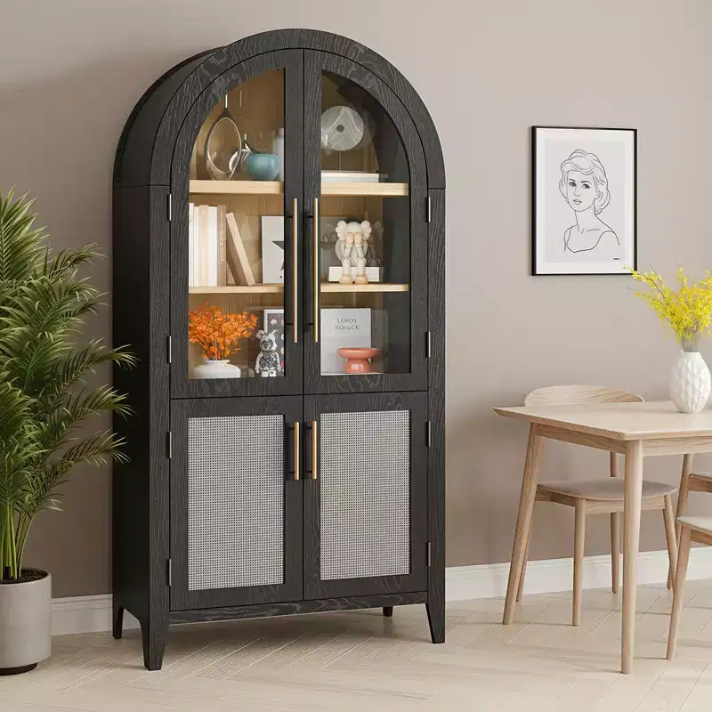 63 Tall Arched Storage Cabinet 5 Tier Glass Rattan Door Black