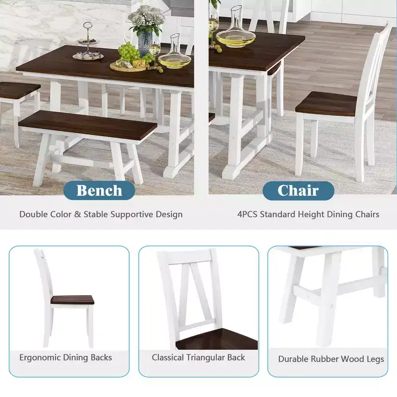 Whisen 6-Piece Wood Kitchen Dining Table Set for 6-Person, Rectangle Kitchen Dining Table & 4 Side Chairs, Long Bench