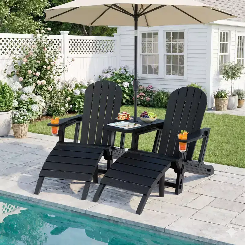 Celebalcony Adirondack Chairs Set with Umbrella Hole Removable Tray & 2 Curved Ottoman, HDPE Plastic Outdoor Chairs for Patio Pool