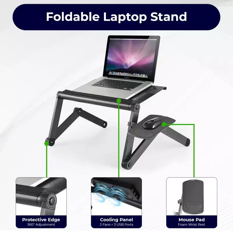 Adjustable Laptop Cooling Stand & Lap Desk, Aluminum, USB Ports, Black