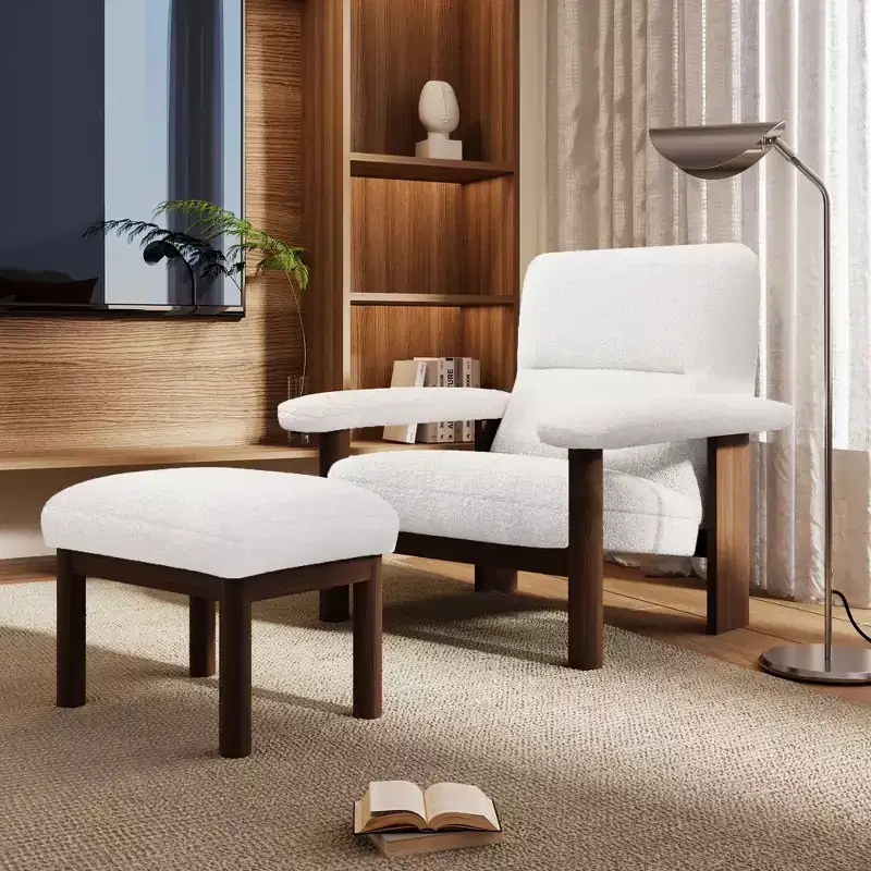Modern Accent Chair with Ottoman, Mid Century Lounge Chair, Comfy Fabric Armchair with Solid Wood Frame for Living Room, White