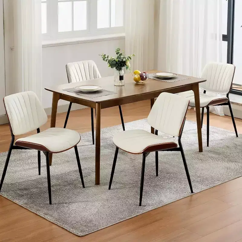 Mid-Century Modern Dining Chairs Set of 2 with PU Leather Upholstery  Walnut Bentwood Back & Adjustable Feet
