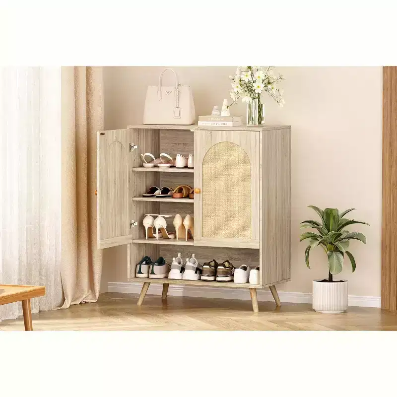 Shoe Rack Organizer,4-Tier Shoe Storage Cabinet with Adjustable Shelves,Wooden Shoe Storage Organizer,Slim Thin Shoe Rack for Hallway, Living Room