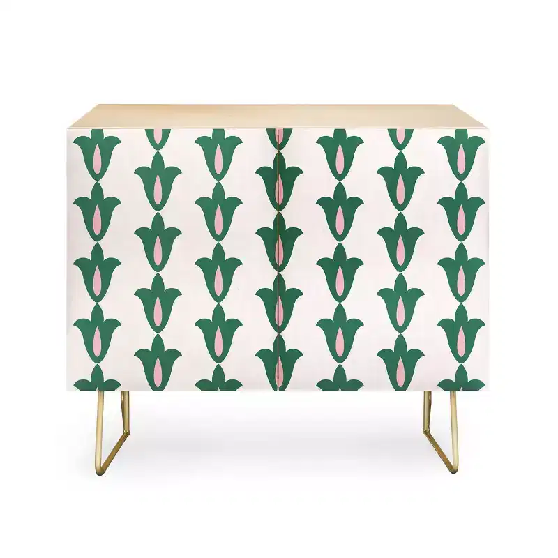 Retro Green Floral Pattern Credenza - Birch Frame, 2 Doors