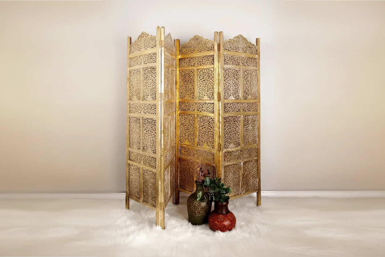 Traditional Intricate Carved Room Divider Screen Gold
