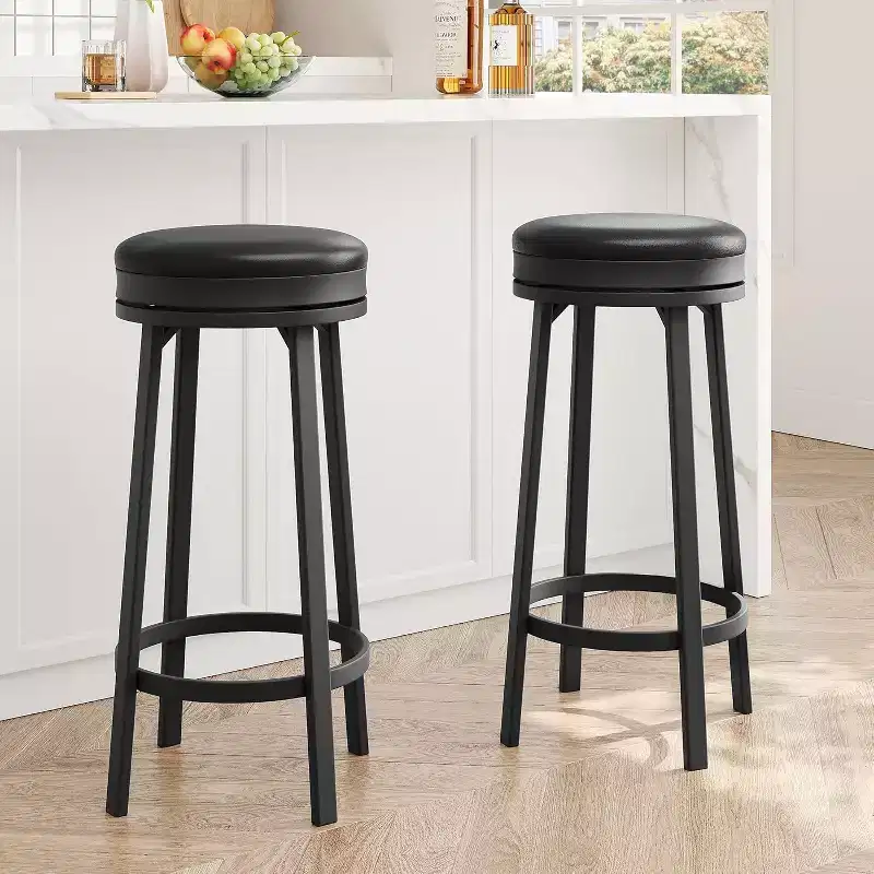 Set of 4 Modern Swivel Bar Stools, 30.7 Counter Height Round Barstools with Footrest, PU Leather Upholstered Seat & Sturdy Metal Frame