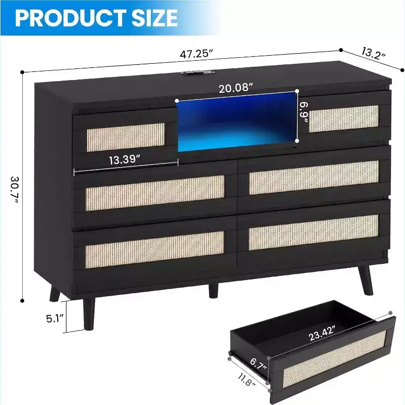 Modern Rattan Dresser, LED Dresser with Charging Station, Wooden Dressers & Chest of Drawers with 6 Drawers, TV Stand for Closet