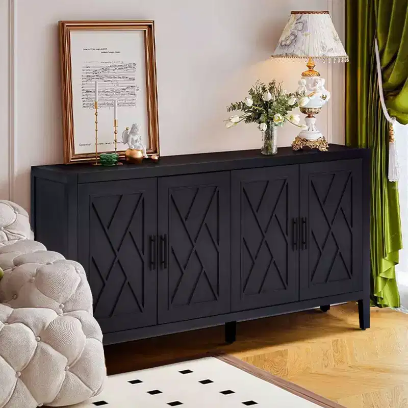 60 Modern Farmhouse Sideboard Buffet, 4-Door Geometric Patterned Accent Storage Cabinet with Adjustable Shelves - Panipeachy