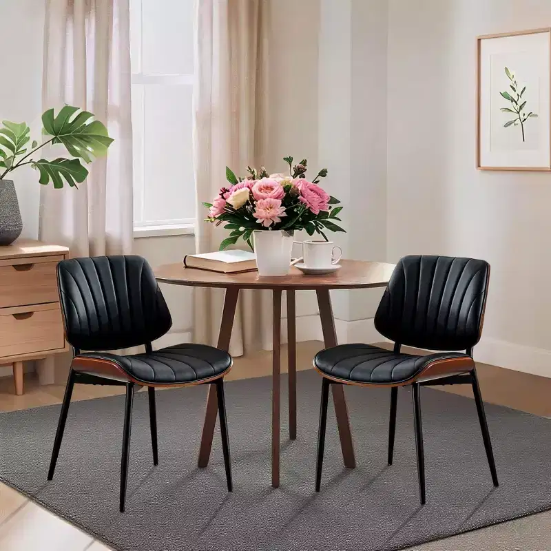 Dining Chairs Set of 2 - Mid Century Modern Upholstered Retro PU Leather Kitchen Chairs with Walnut Bentwood Back, Black Shell Strips