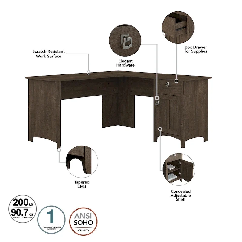 Salinas 60W L Desk with Hutch, Cabinet and Bookcase by Bush Furniture