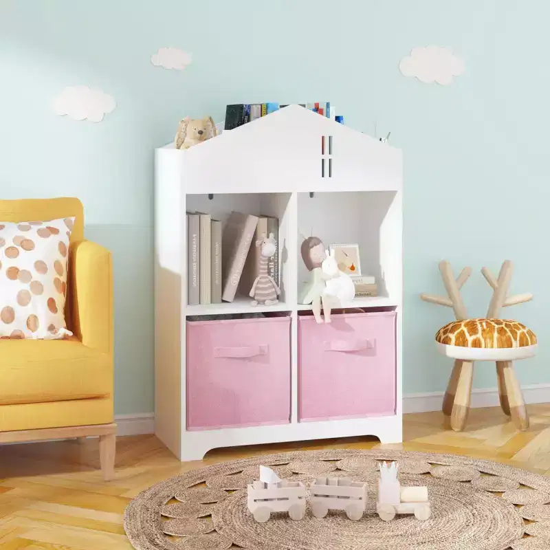 Acekool Kids Dollhouse Bookcase with Storage, 2-Tier Organizer and 2 Fabric Drawers, Toddler Bookshelf for Bedroom, Playroom, White+Pink