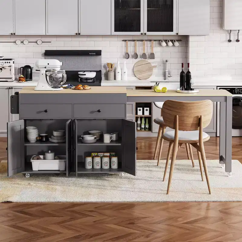 Whisen Modern Extendable Kitchen Island with Spice Rack,2 Drawers and 4 Door Cabinet