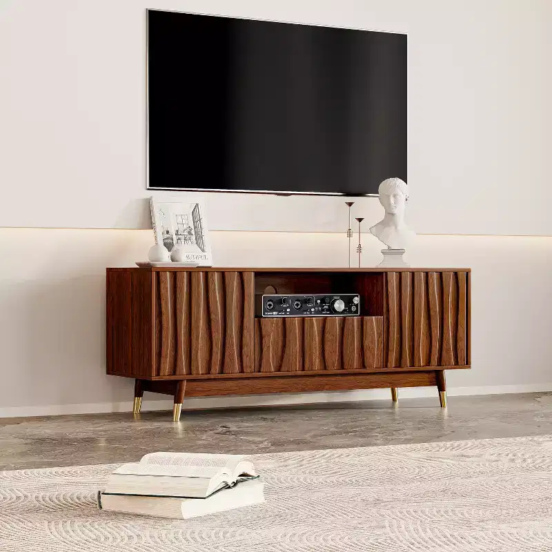 Mid-Century Modern TV Stand with Drawer & Cabinet, Walnut Finish, 66.8