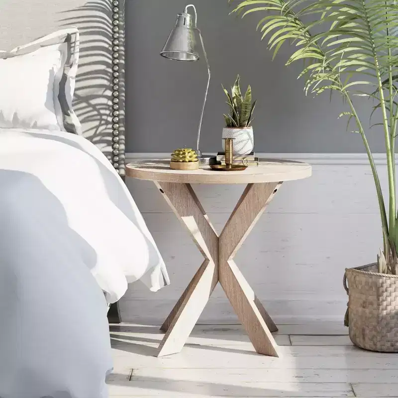 COZAYH Farmhouse Round Wooden End Table with Cross Legs, Vintage Grey Finish