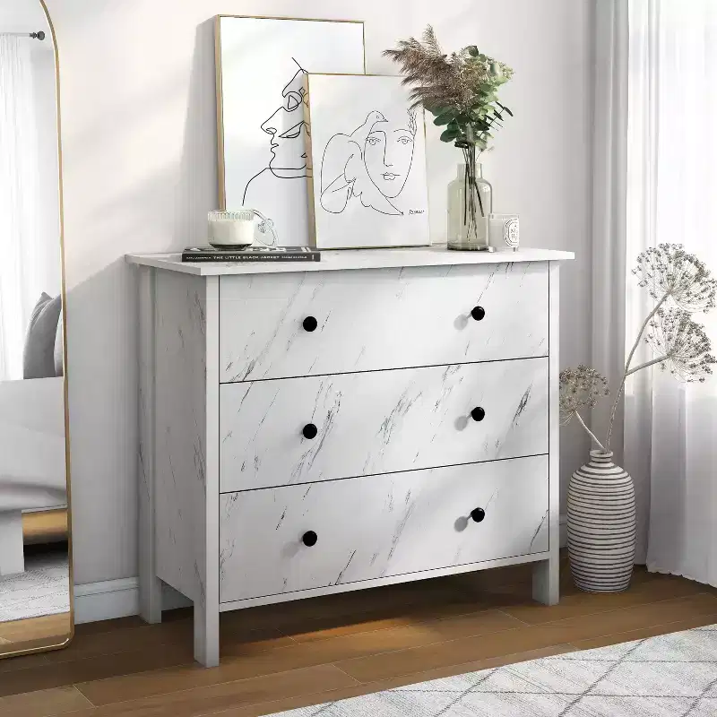Transitional 3 Drawer Faux Marble Dresser White Marble: Elegant Storage, MDF & Particle Board Construction