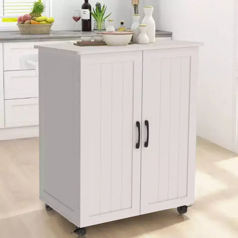 Okak Small Kitchen Island with Storage, Kitchen Cart with Barn Door and Wheels, Rolling Kitchen Island for Dining Room, Kitchen, Living Room, White