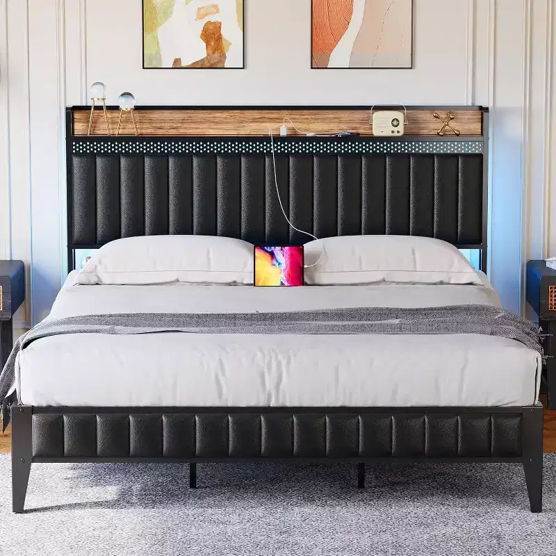 LED Platform Bed Frame with Charging Station & Storage Headboard, No Box Spring Needed