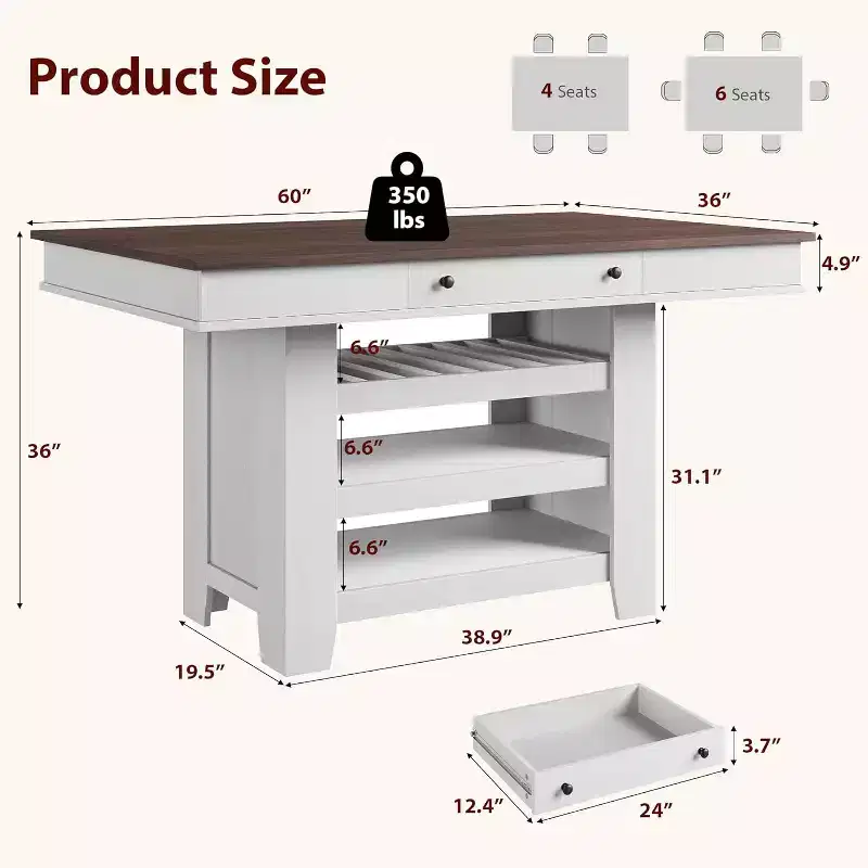 Wood Counter Height Dining Table 36''H with 2 Drawers, Wine Rack & 3 Shelves