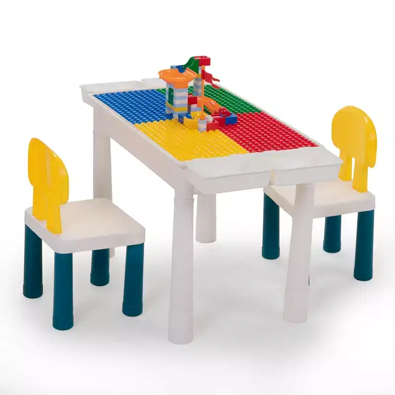 All-in-One Kids Activity Table and Chairs Set, Building Block Table with 100PCS DIY Blocks Toys, Dining Table Study Desk for Toddlers